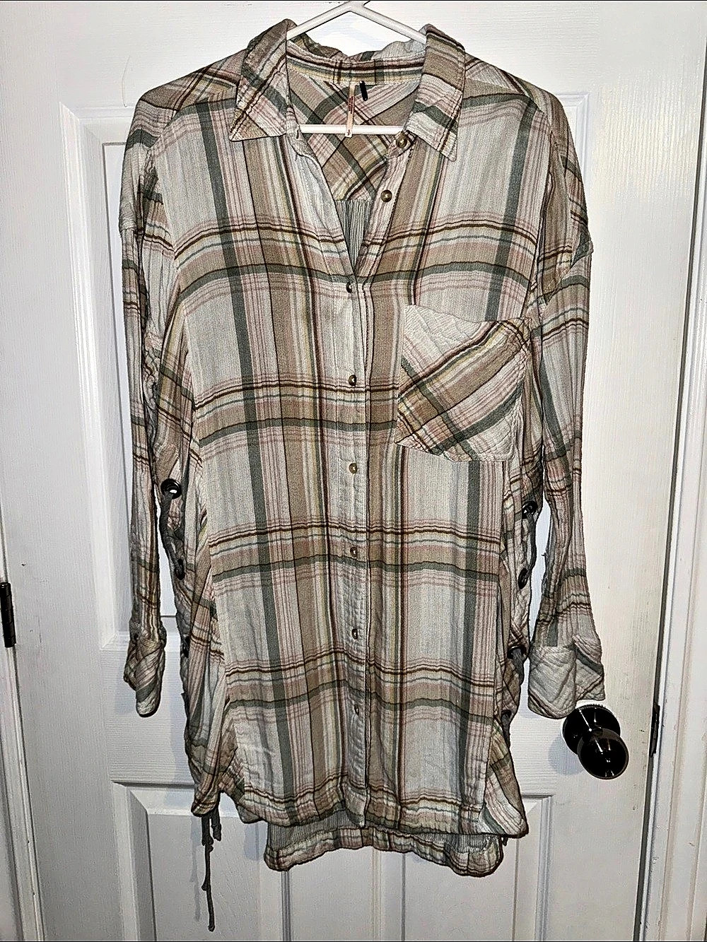 Free People Nordic Day Tunic Plaid Side-Lace Button Down